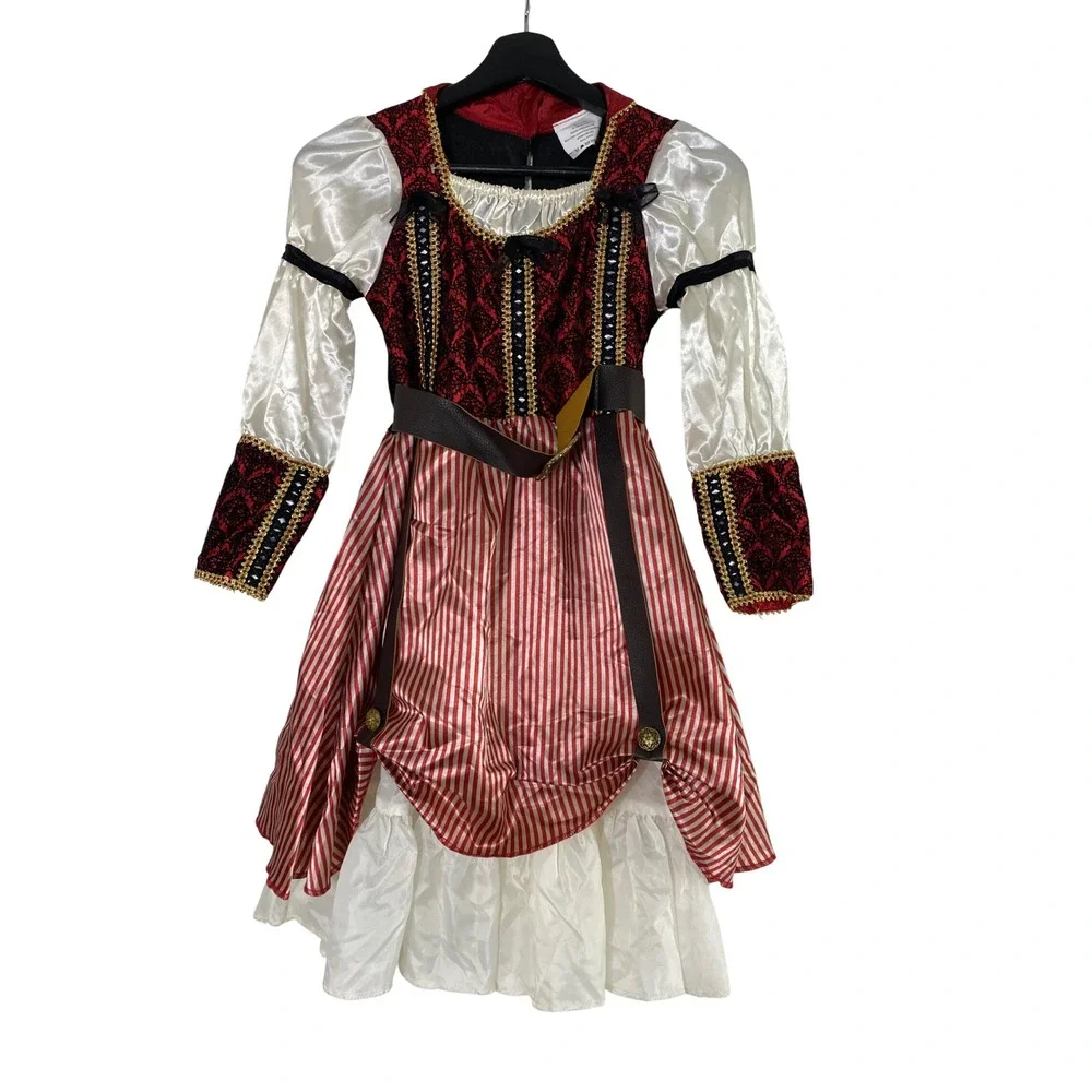 Teetot Pirate Dress Costume Kids 7-8 Red White Excellent Damask Striped Belt